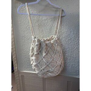 Handmade Beige Crochet Drawstring Shoulder Bag With Textured Net Design